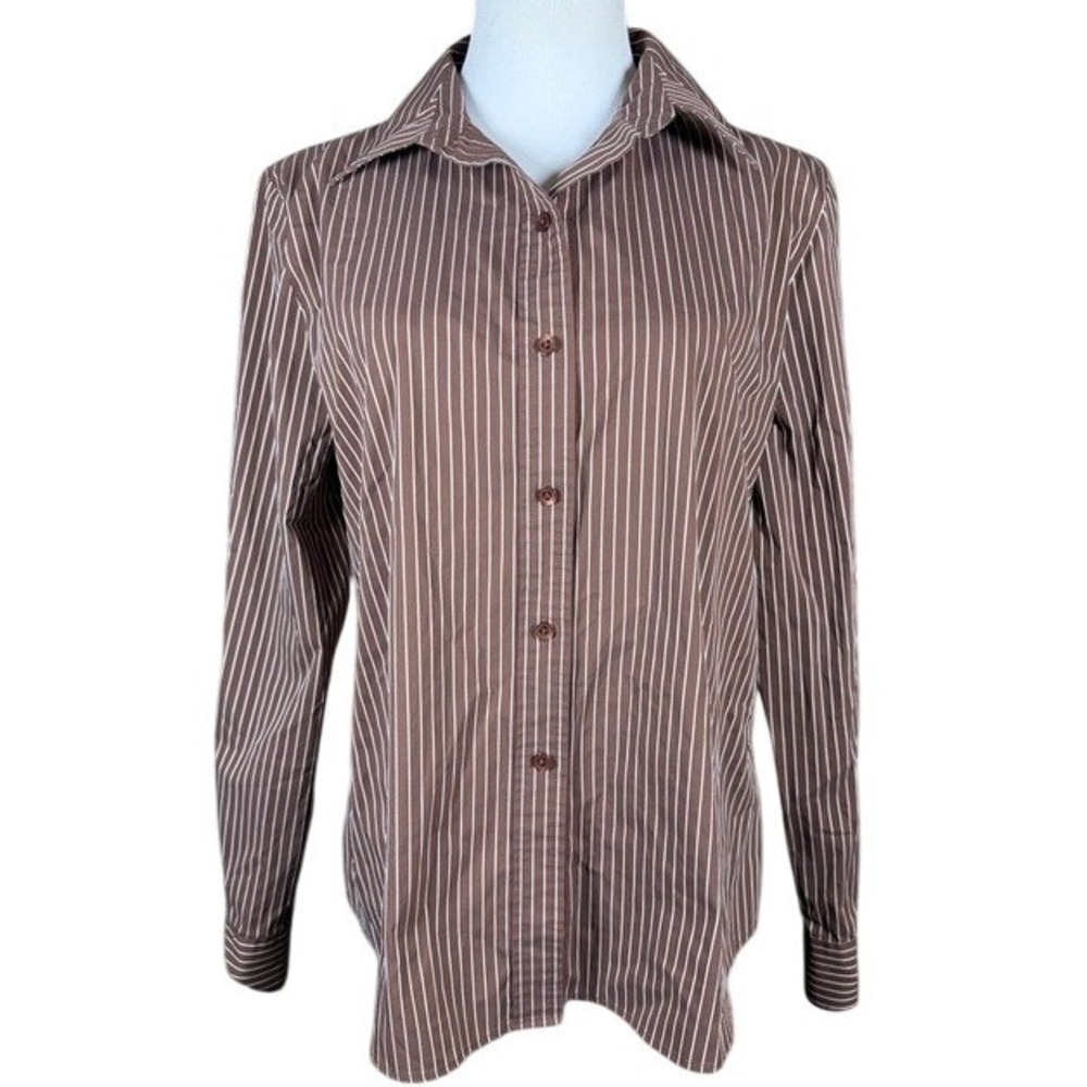 Foxcroft Womens 16 Brown White Pinstripe Wrinkle Free Fitted Button Down Shirt